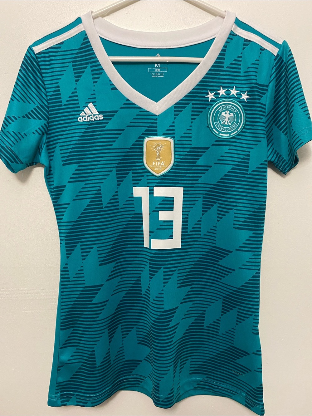 adidas Teal Women's Soccer Jersey with White Accents and Number 13